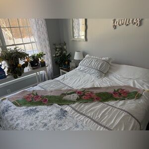 Laurie Cook embroidered tasseled runner.80”x13”. Corded edging. SmokeFree